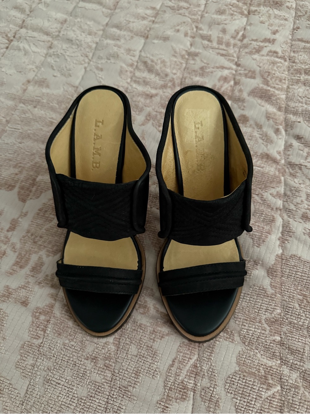 L.A.M.B. Black Open-Toe Slide Mules